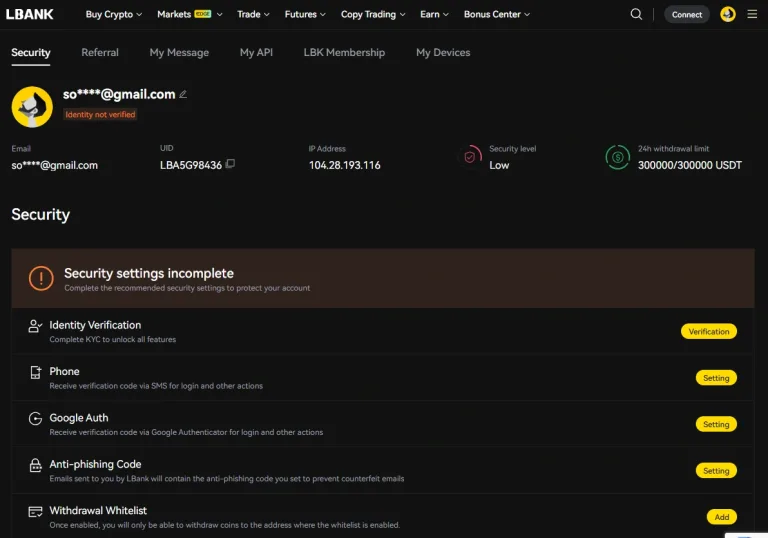 تنظیمات امنیتی پس از ثبت‌نام در صرافی ال بانک