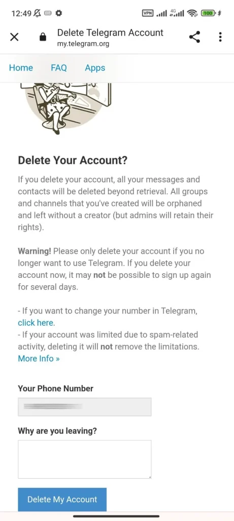 دیلیت اکانت تلگرام از طریق سایت رسمی تلگرام ۳